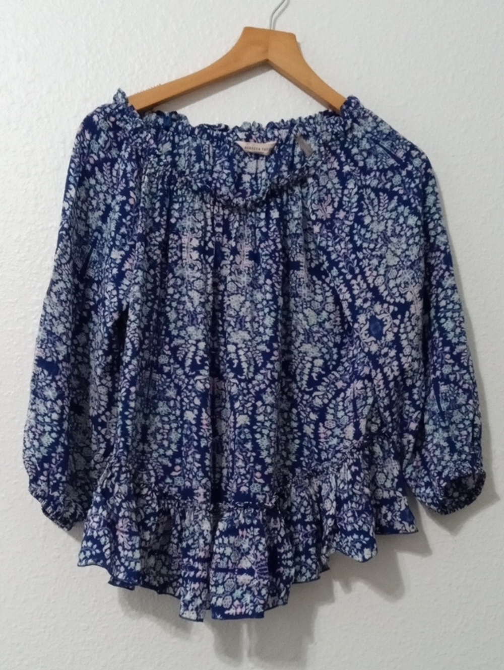 Rebecca Taylor Navy and Light Blue Floral Peasant Blouse